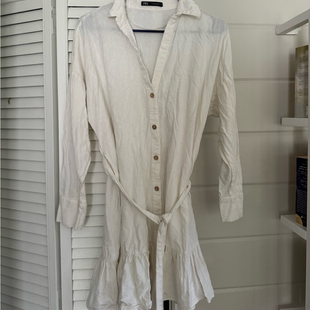 Zara Cream Linen Shirtdress with buttons and belt